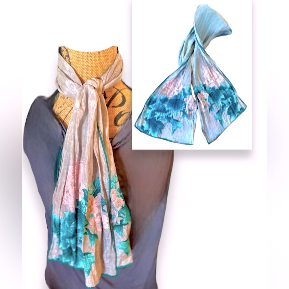 Vintage Sacha Floral Teal Green Lined, Pink & Gray Oblong Silk Scarf